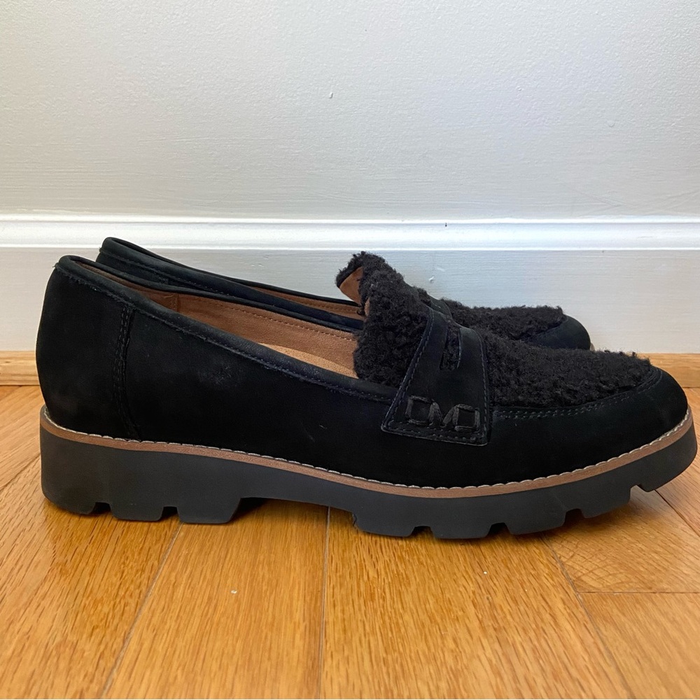 Vionic Cheryl Faux Fur Black Loafers Women’s 8.5 Comfort Chunky Preppy Classic